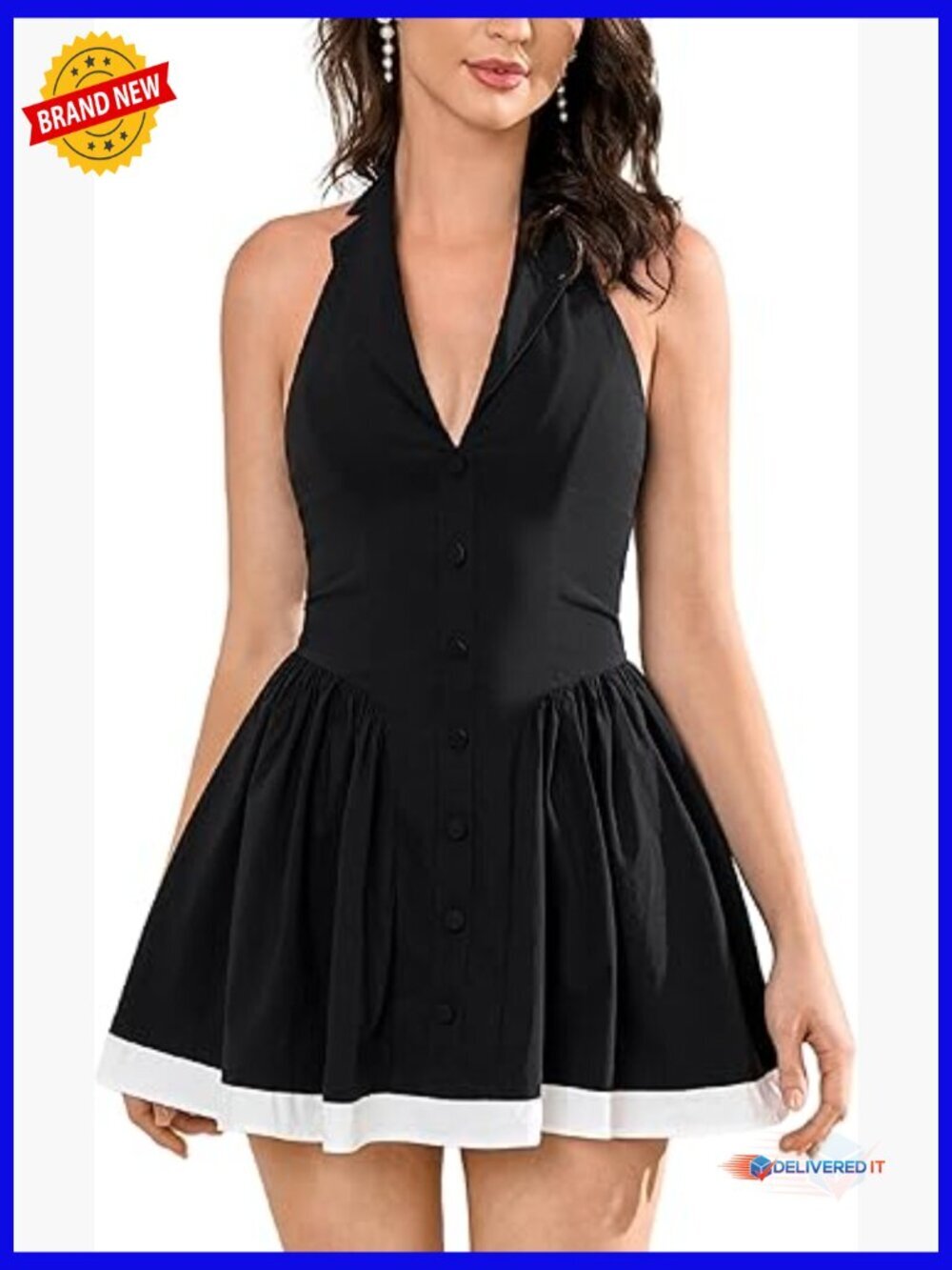Backless Halter Mini Dress V-Neck Ruffle A-Line Party Club